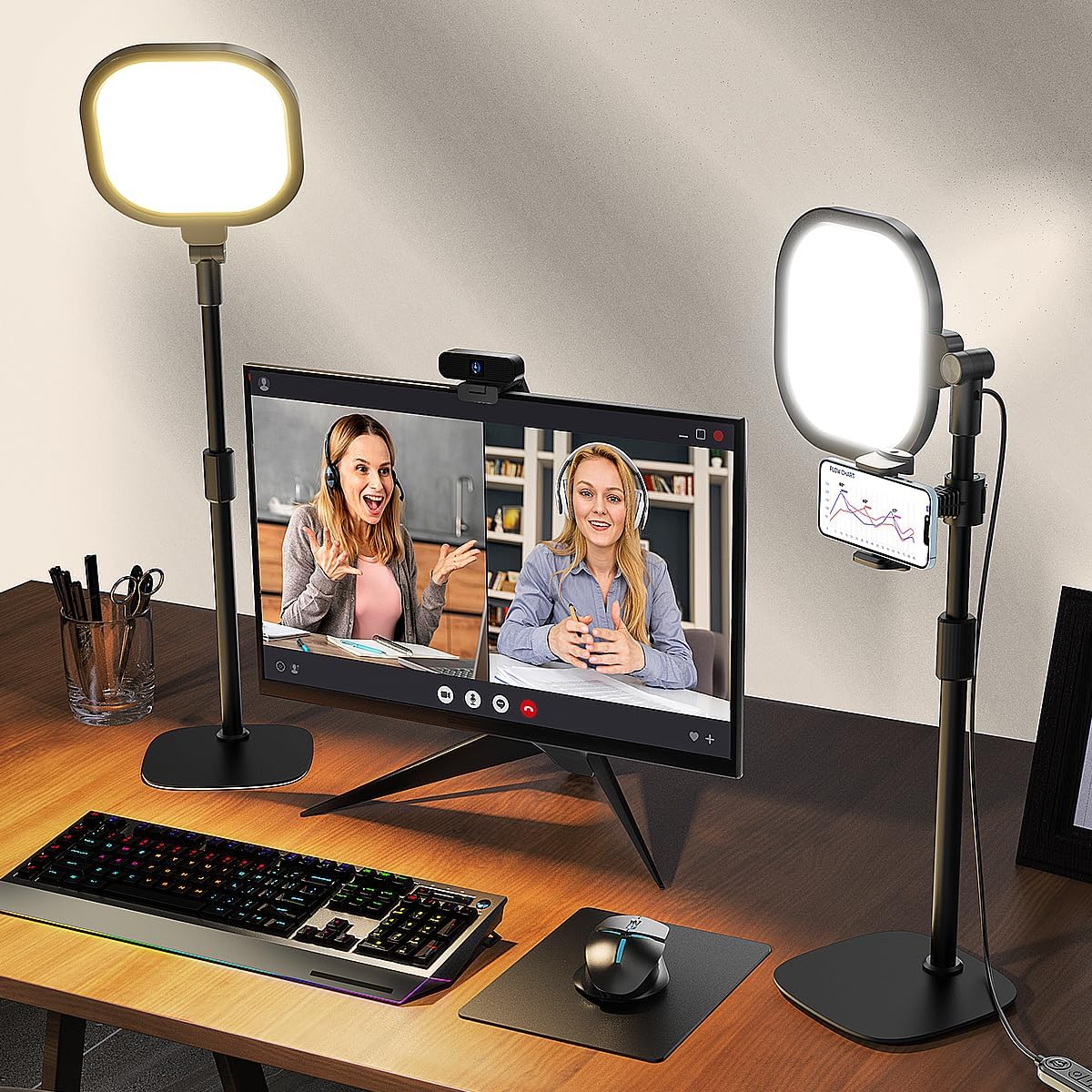 LitONES 2Pcs Desktop Video Conference Lighting for Zoom Meeting, Computer, Laptop, Work from Home with Nature Soft Light, Adjustable Brightness & Color Temp and Flexible Stand & Versatile Phone Holder