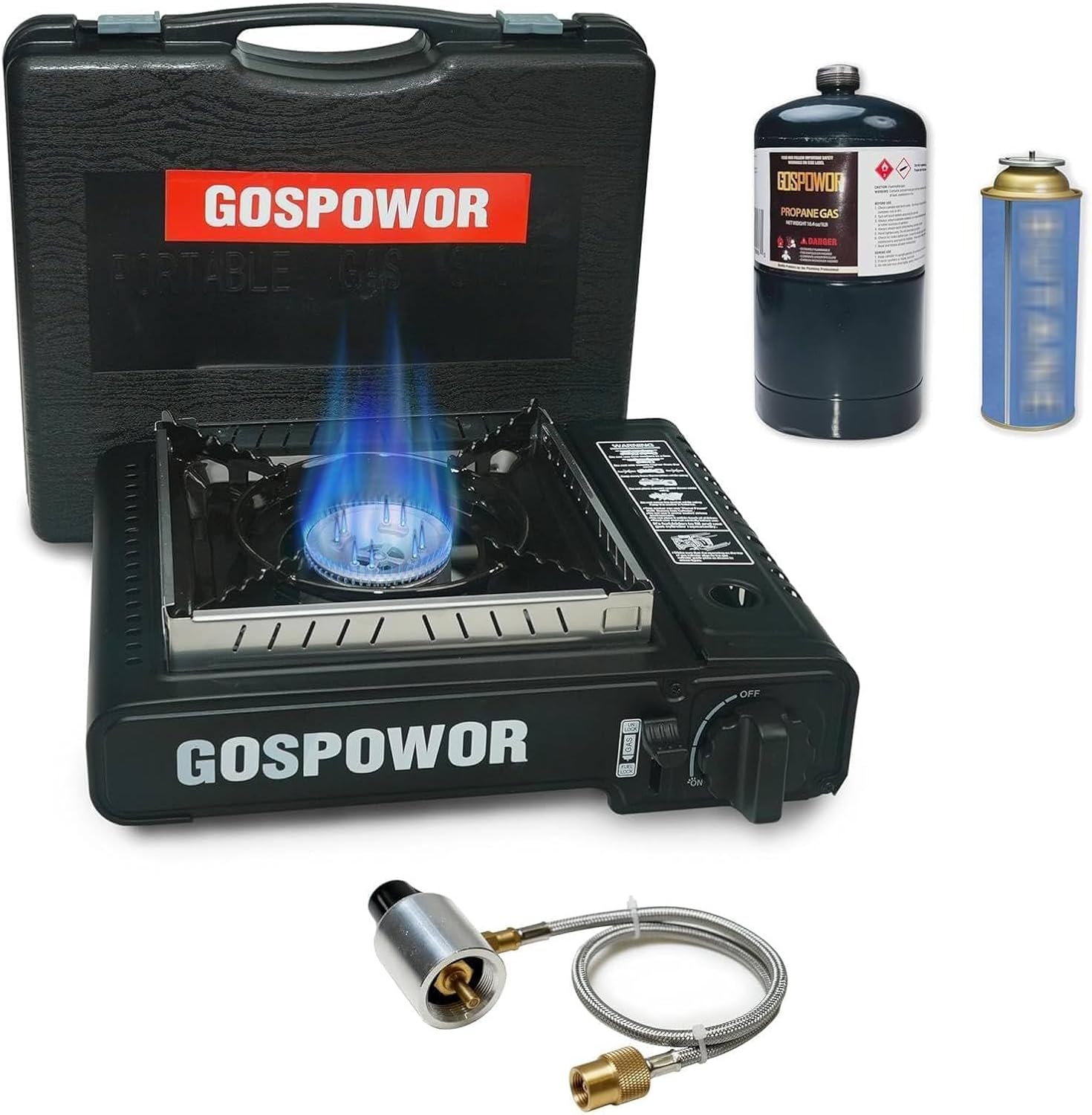 Propane or Butane Stove with Windblocker, 10,000 BTU Dual Fuel Propane Stove for Camping, Automatic Ignition Gas Portable Stove with Propane Adapter Hose Carrying Case for Outdoor (Fuel Not Included)