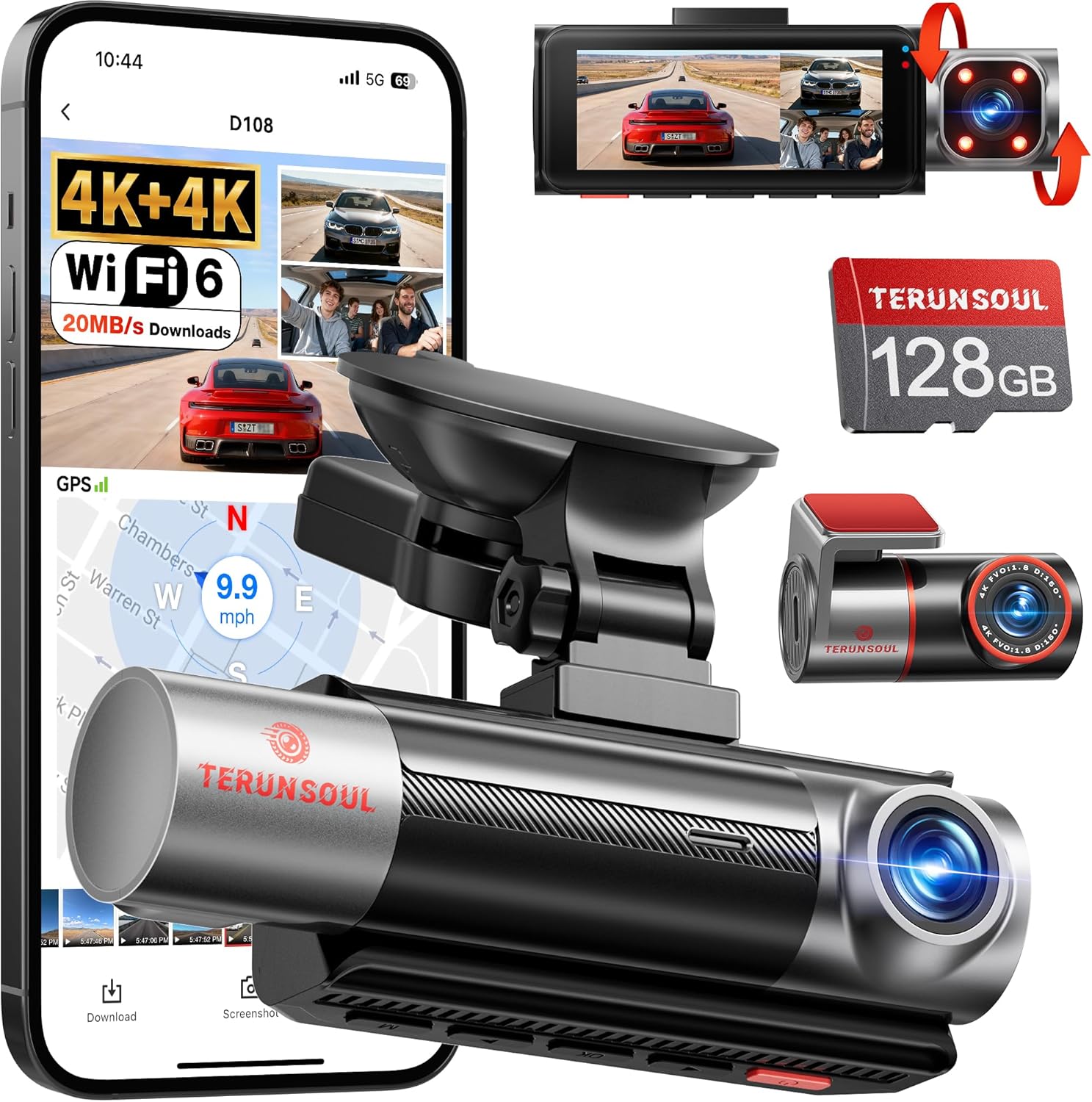 4K+4K+1080P Dash Cam Front and Rear with Cabin, Free 128GB Card Included, WIFI6 - up to 20MB/s, IR Night Vision, Built-in GPS, G-Sensor, 24H Parking Mode
