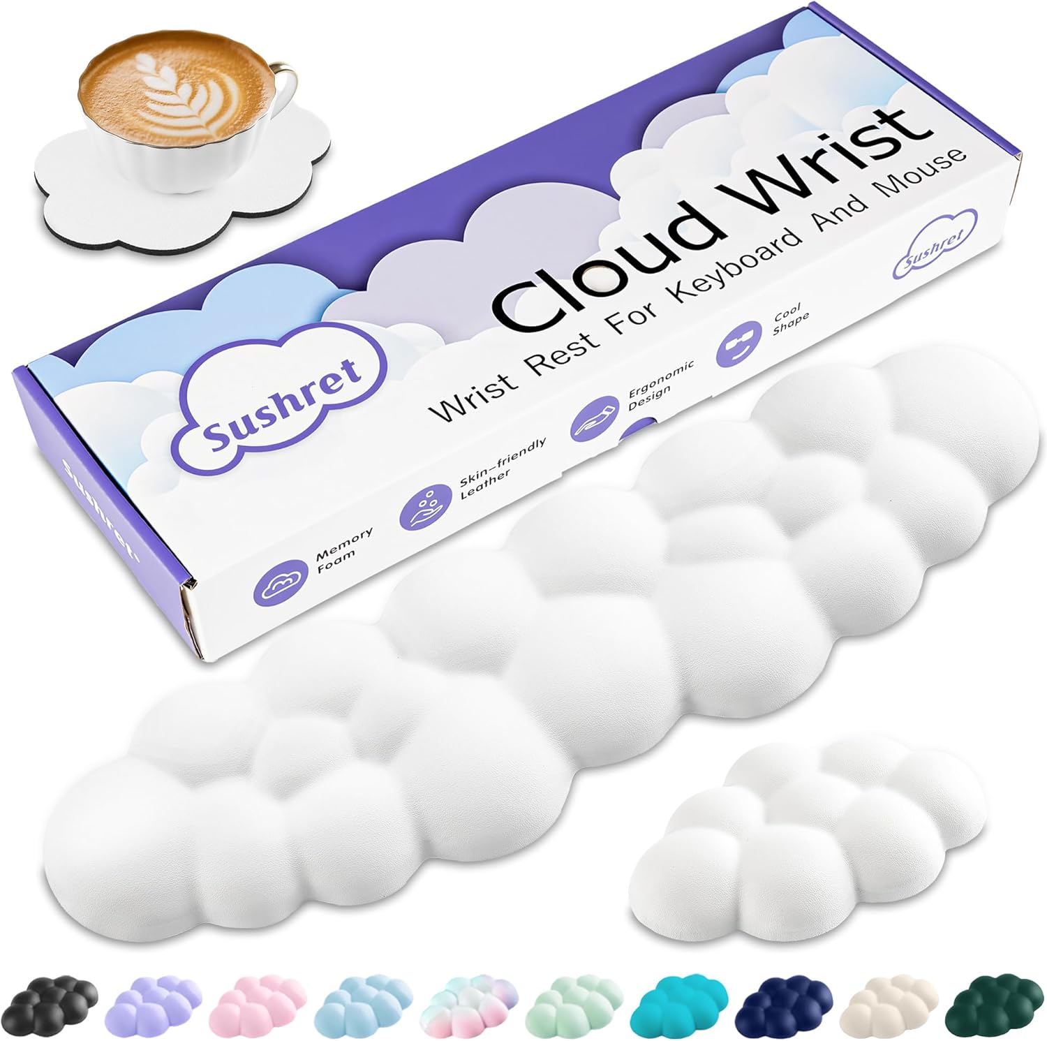 Sushret Cloud Wrist Rest Keyboard, Cloud Keyboard Wrist Pad Set with PU Leather Memory Foam, Cute Arm Rest for Palm Support, PC/Gaming Desk Accessories/Office Setup/Computer Hand Cushion - White