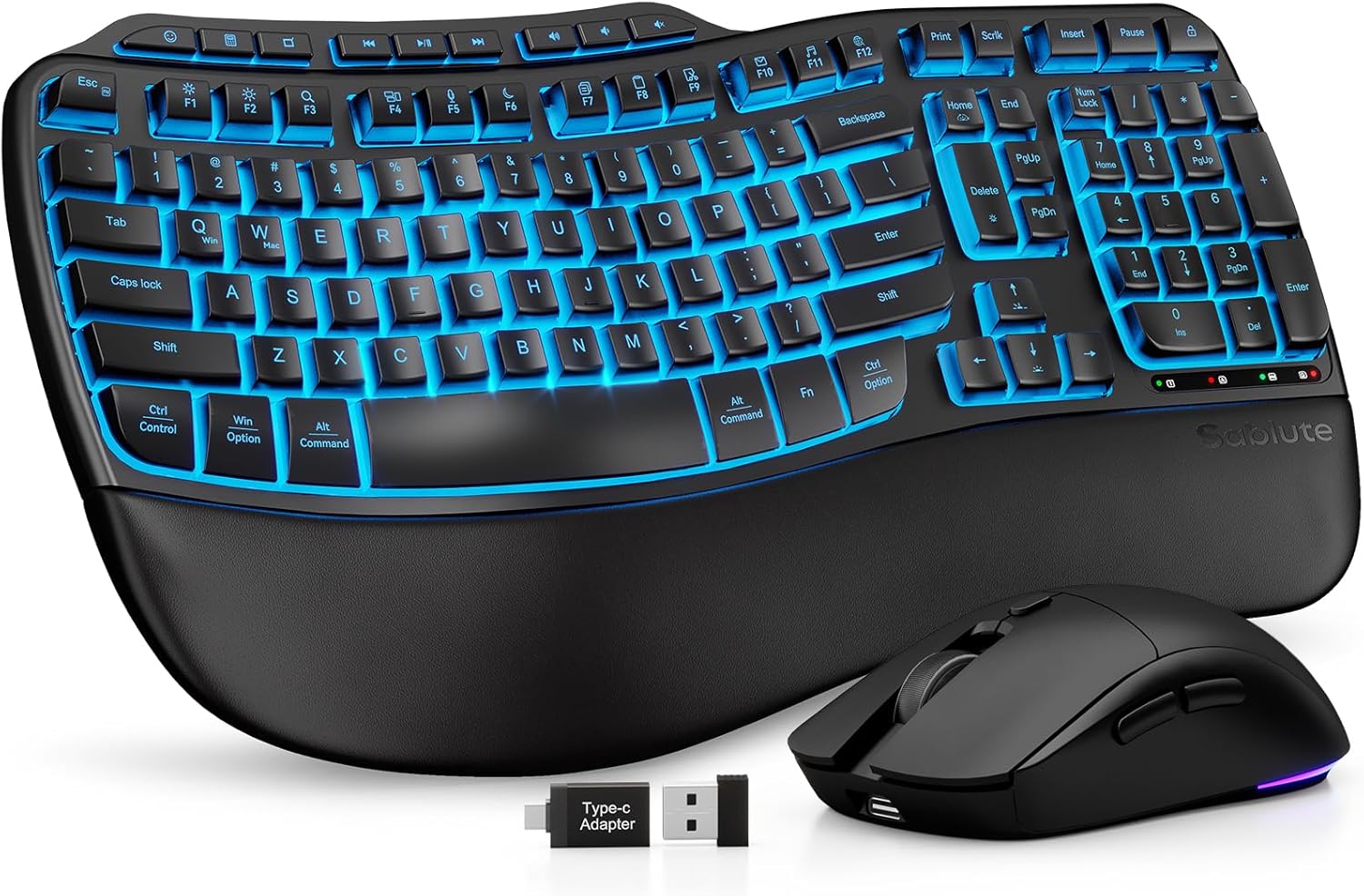 SABLUTE Ergonomic Wireless Keyboard and Mouse Combo, Rechargeable 4000mAh Backlit Keyboard with a Soft, Faux Lambskin Palm Rest, Wave Keys for Natural Typing, Compatible with Windows/Mac/Chromes OS