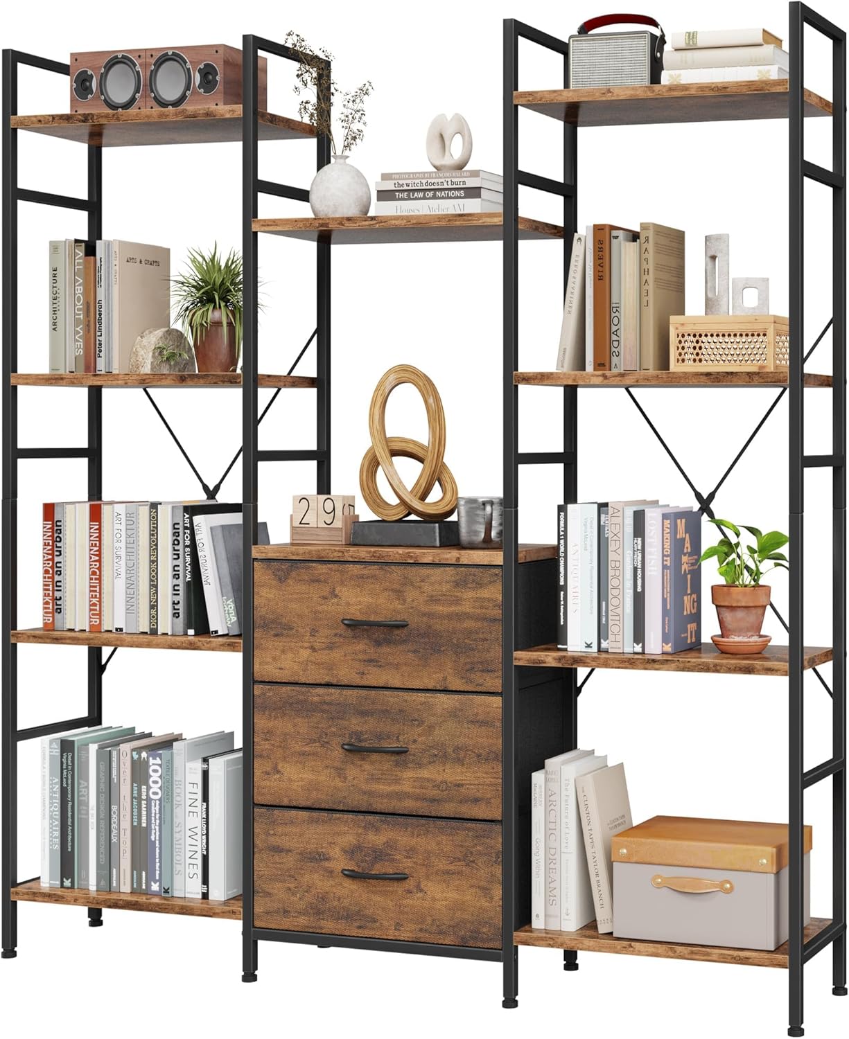 AFLUI Triple Bookshelf with 3 Fabric Drawers, 4-Tier Book Shelf and 10 Display Shelves, Industrial Large Bookcase for Home & Office, Rustic Brown, 47'' Wide