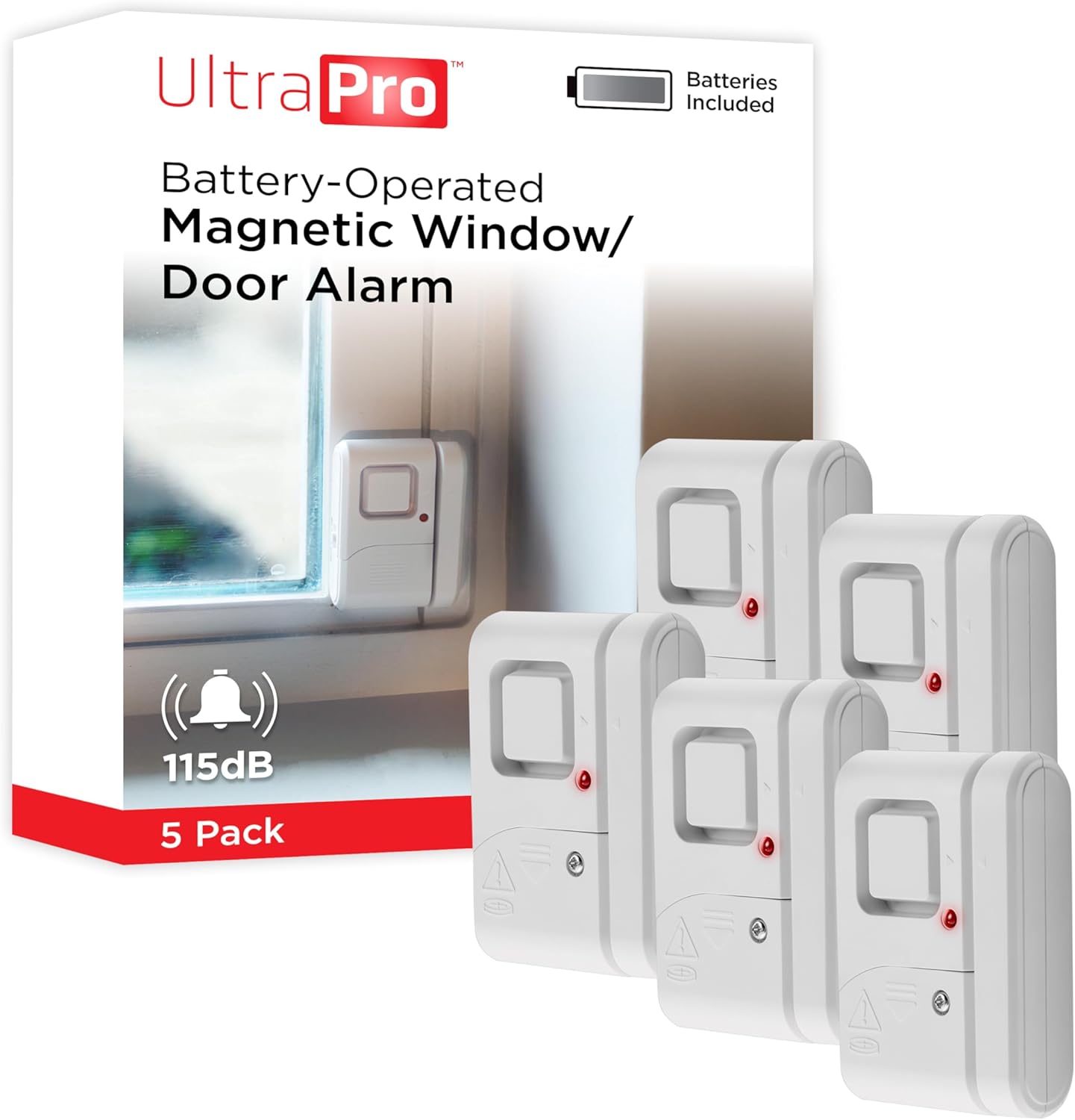 UltraPro Personal Security Window and Door Alarm, 5 Pack, DIY Protection, Burglar Alert, Wireless Chime/Alarm, Easy Installation, Home Security, Ideal for Home, Garage, Apartment , White, 45987