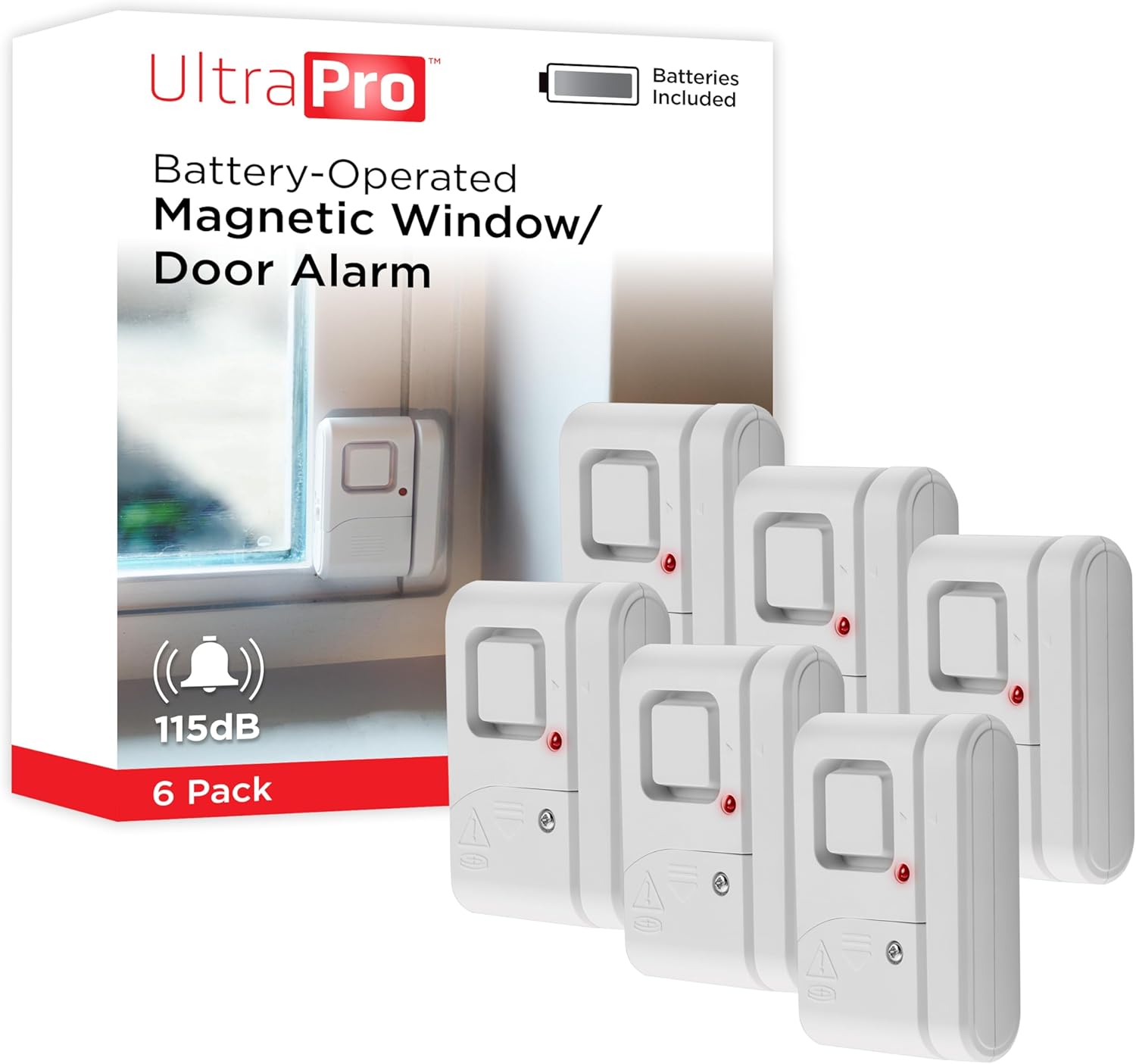 UltraPro Personal Security Window and Door Alarm, 6 Pack, DIY Protection, Burglar Alert, Wireless Chime/Alarm, Easy Installation, Home Security, Ideal for Home, Garage, Apartment, White, 49721