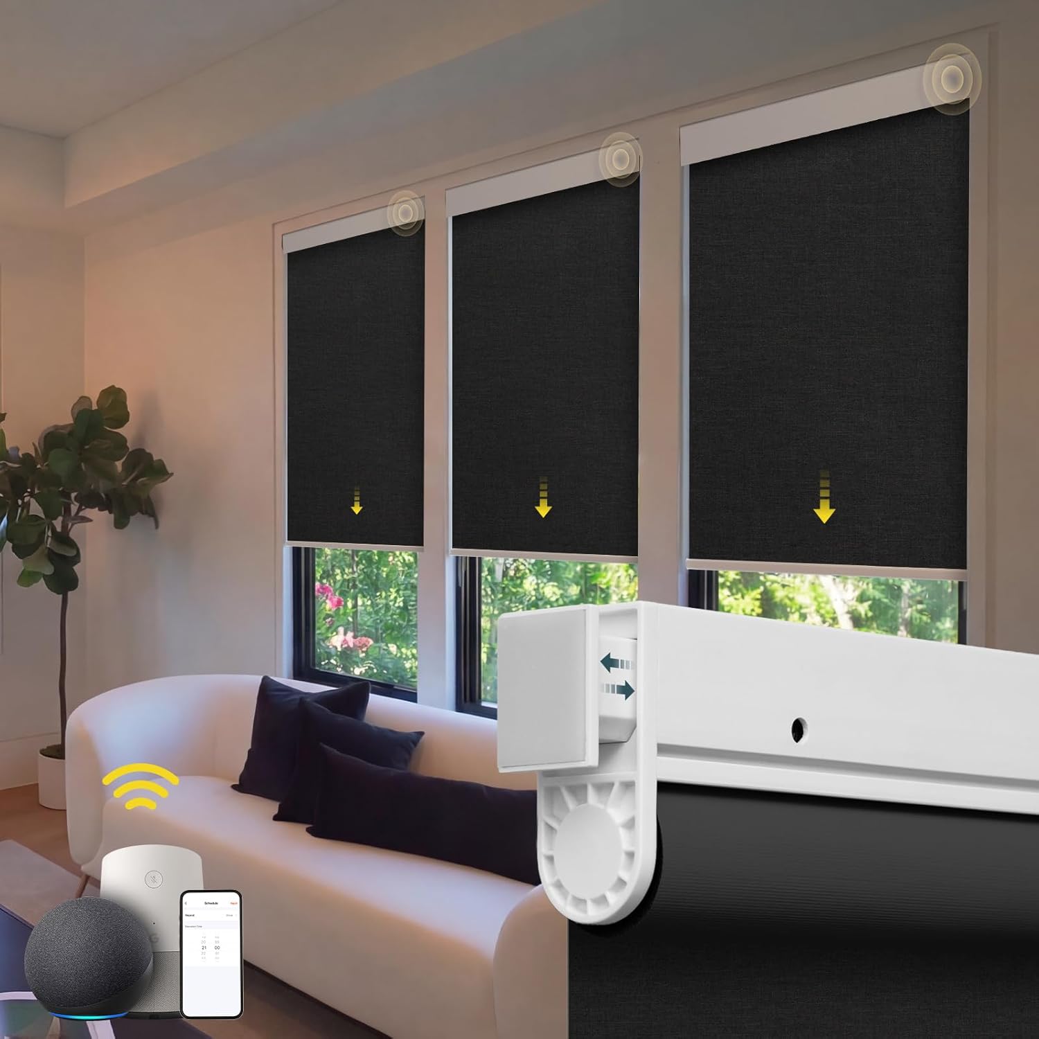 Motorized Blinds - No Drill Automatic Cordless Roller Shades Electric Smart Blinds with Remote Control (Black, 34 x 72), MH100