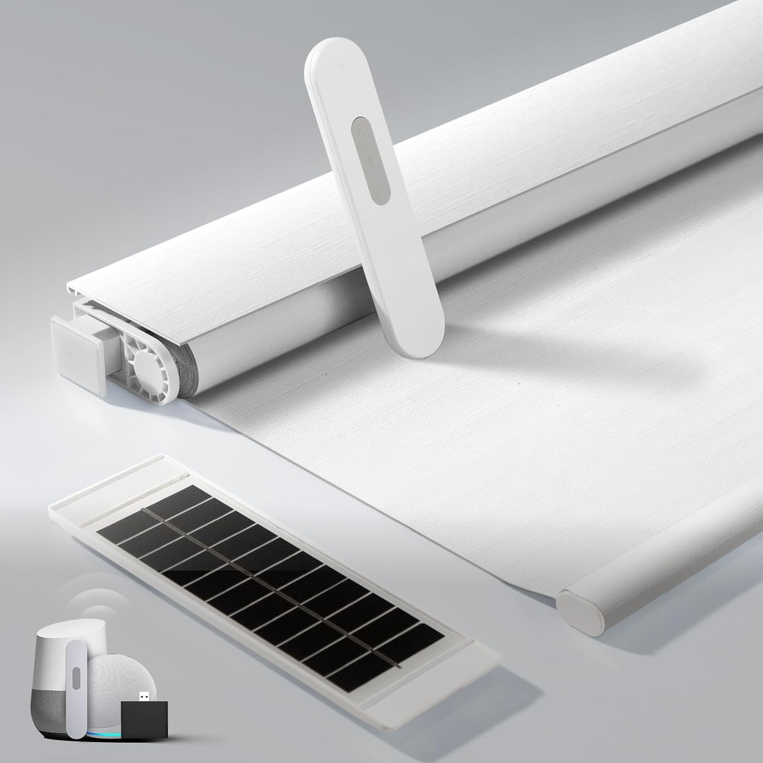 No Drill Motorized Blinds with Remote, Blackout Automatic Blinds with Solar Panel, Cordless Smart Electric Roller Shades for Windows, White, 34½ x 72
