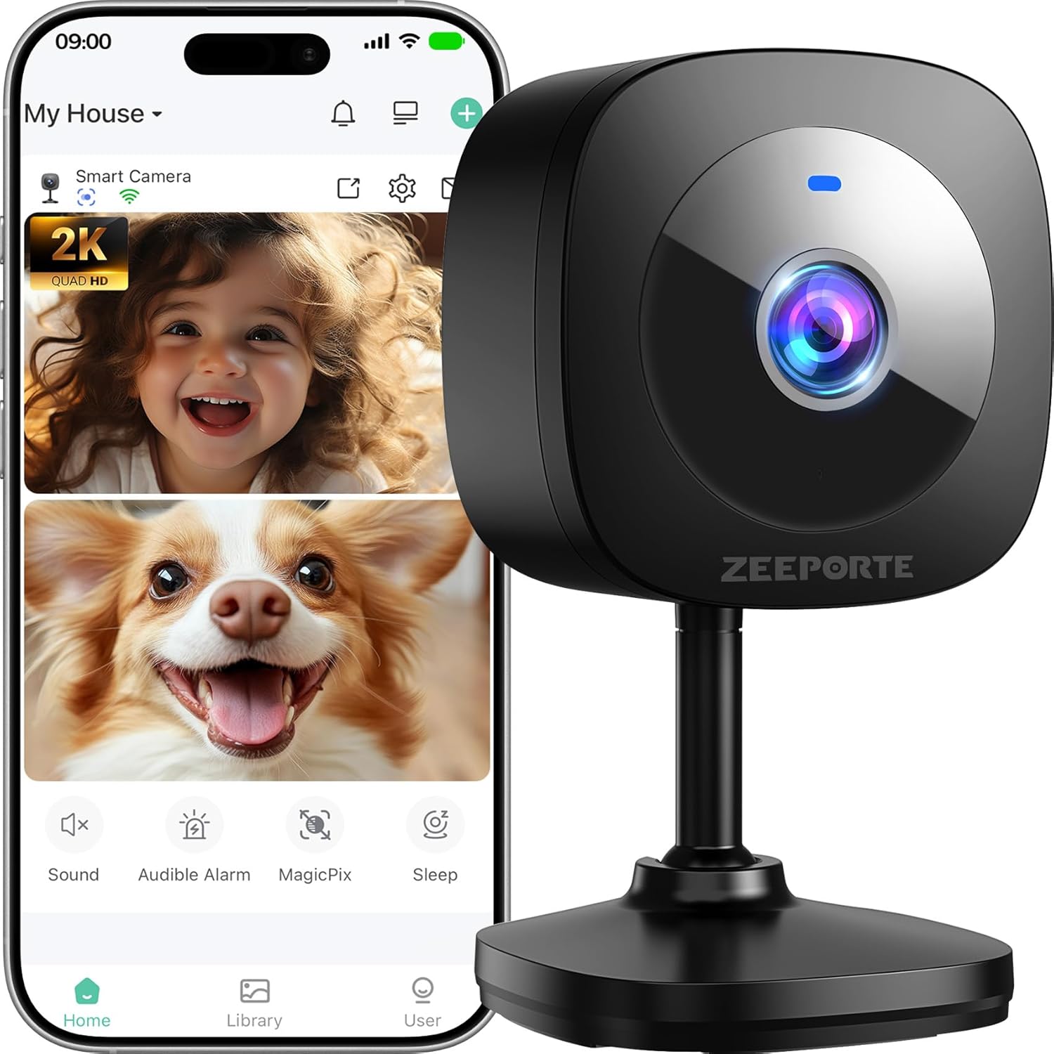 ZEEPORTE 2K Indoor Cameras for Home Security - Baby Monitor and Dog Pet Camera with Motion Detection, 2-Way Audio, Night Vision, Siren, Wired Security Camera - Compatible with Alexa