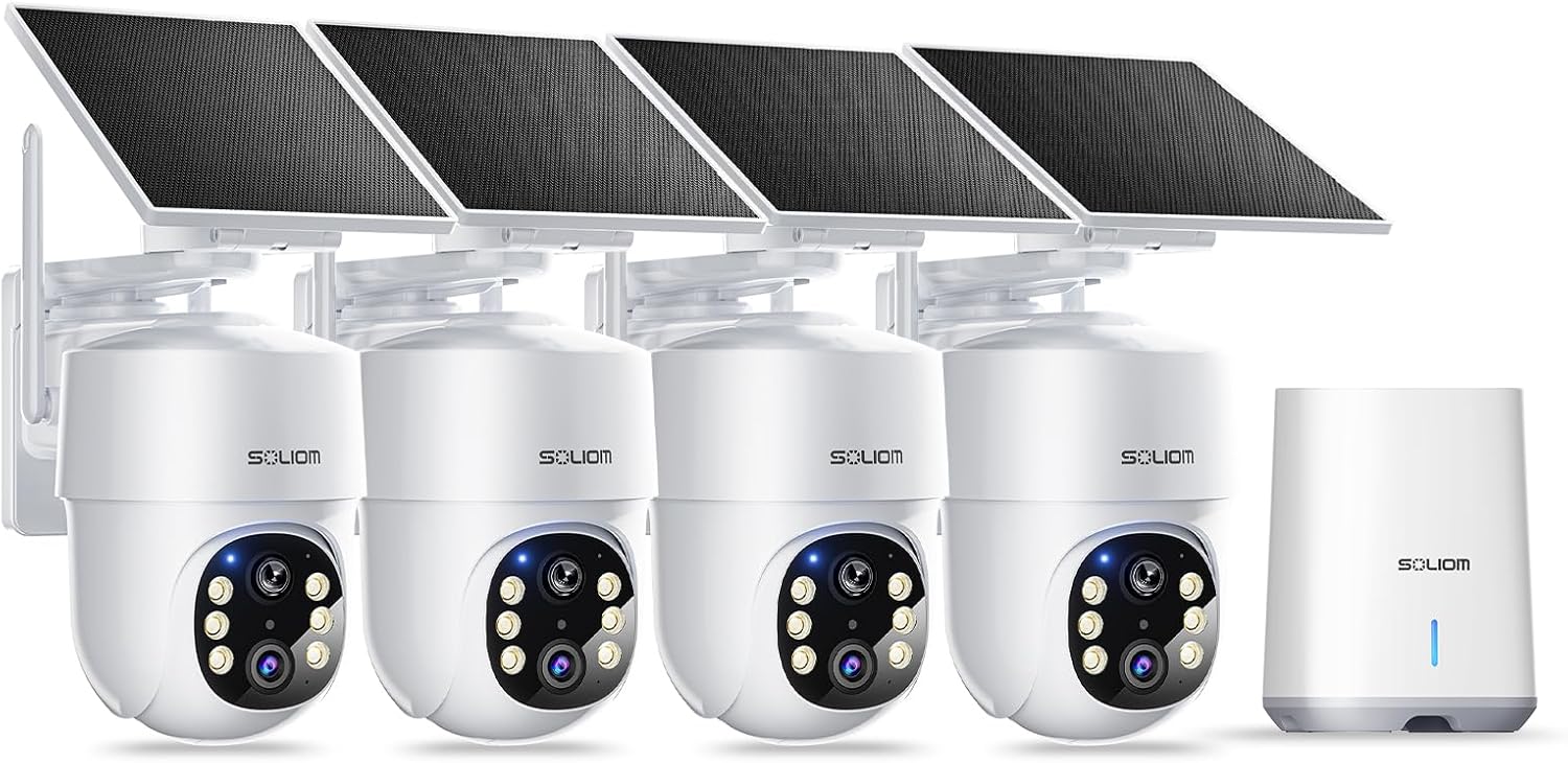 SOLIOM- 5MP Security Cameras Wireless Outdoor, No Subscription & Solar Powered,4-Cam Pack Cameras for Home Security with 360° Auto Motion Tracking, 3K Color Night Vision,5G & 2.4G Router Compatible
