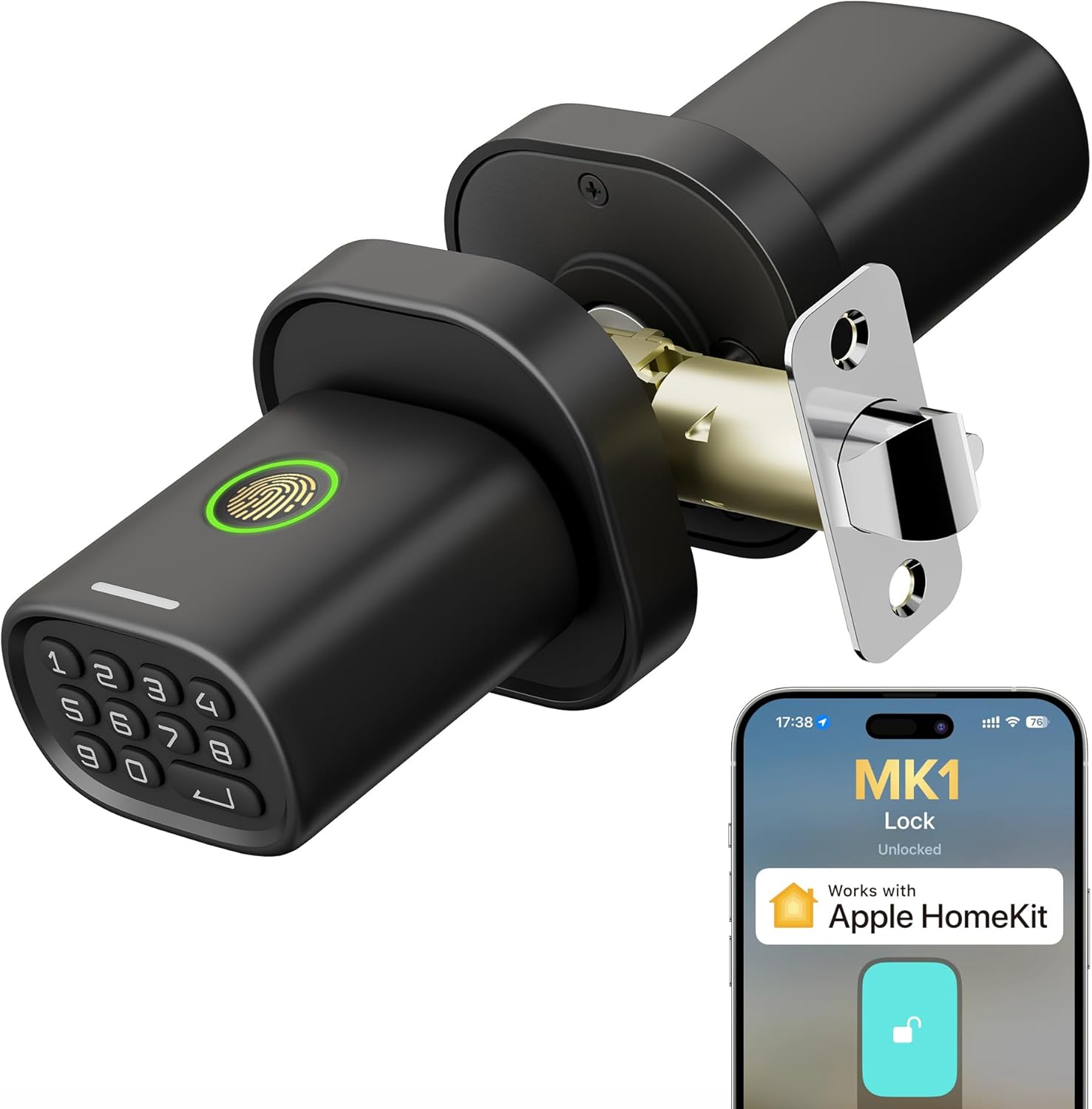 ThorBolt Fingerprint Door Lock with Keypad Door Knob, HomeKit Lock Over 𝗧𝗛𝗥𝗘𝗔𝗗, HomeKit Hub 𝗥𝗲𝗾𝘂𝗶𝗿𝗲𝗱, 𝗶𝗢𝗦 𝗢𝗡𝗟𝗬 Smart Lock for Interior Door, Bedroom, Office, MK1 Black