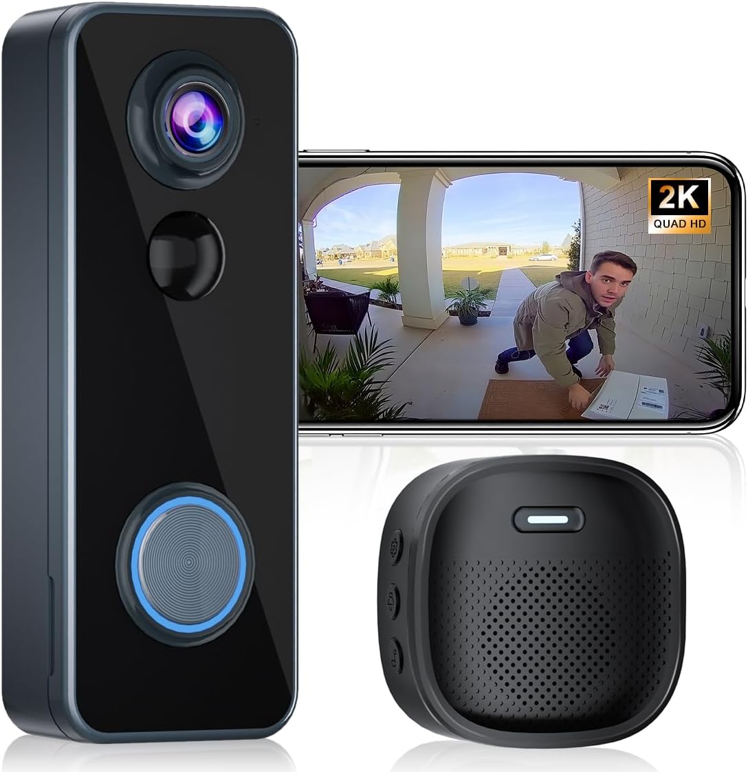 Doorbell Camera Wireless, Head-to-Toe Video - No Subscription Required,2K HD Live View, Two-Way Talk,Smart Video Doorbell with Chime,Battery Powered,Motion Alerts,Works with Alexa &Google(2.4G WiFi)