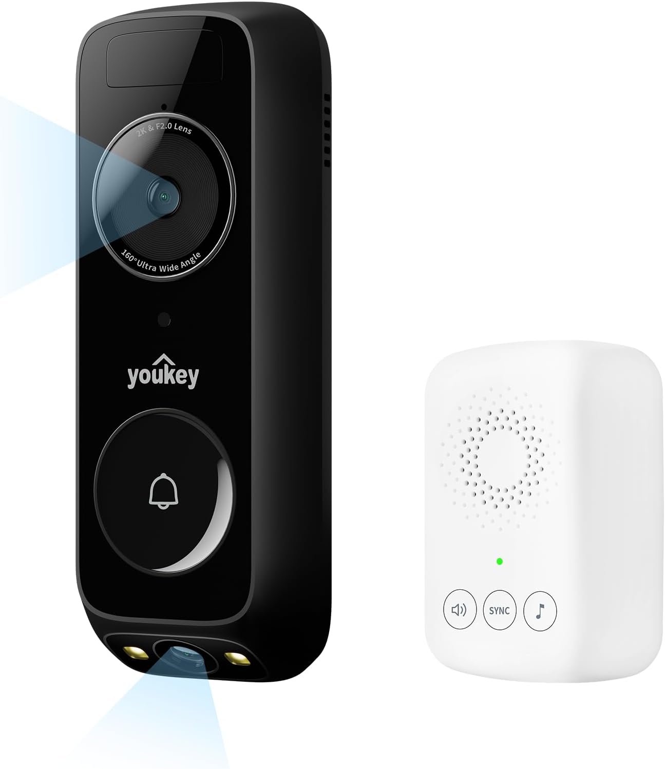 youkey Doorbell Camera Wireless No Subscription, 2K Dual‑cam Video Doorbell with Chime, See Visitor & Package Together, 5G WiFi, 8GB Local Storage, Works with Alexa & Google Home, Battery Powered