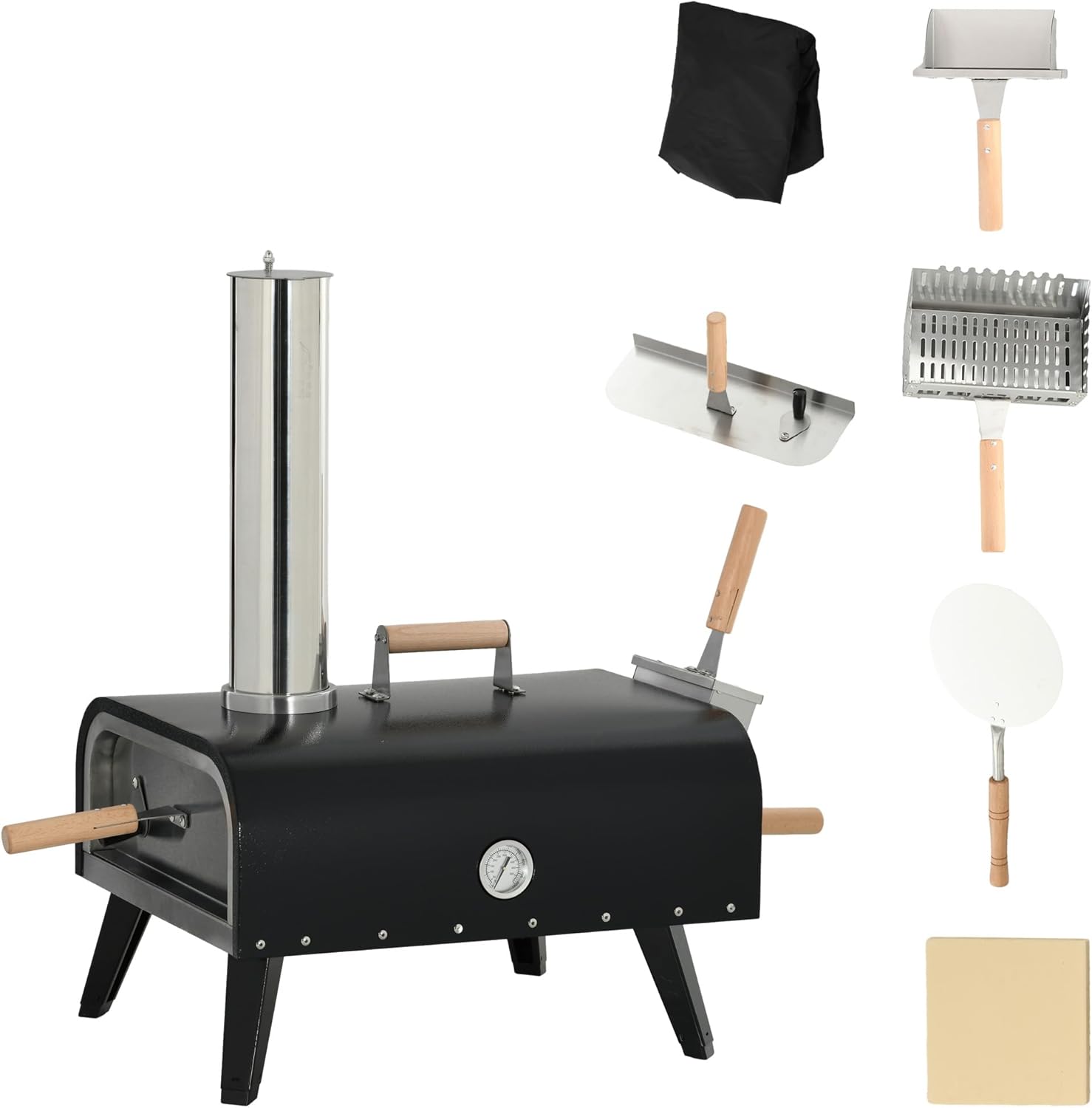 Outsunny Outdoor Pizza Oven with 12&quot; Stone, Peel and Cover, Portable Pellet Wood Fired Pizza Maker with Foldable Legs, Stainless Steel Pizza Grill for Outside, Backyard, Outdoor Kitchen