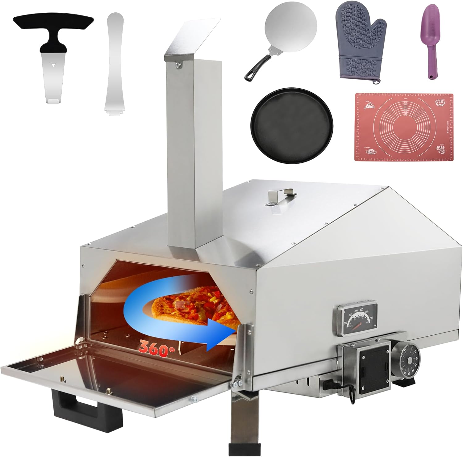 SKY FISH Cyber Outdoor Pizza Oven，Portable Stainless Steel wood pellet fired Backyard 12 inch Pizza Oven,Automatically 360 degree Roating Pizza stone,Portable stonebaked Pizza Maker (Silver, A)