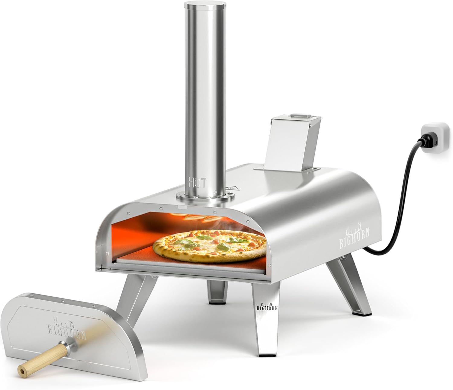 BIG HORN OUTDOORS 12&quot; Dual Fuel Pizza Oven – Electric & Wood Pellet, Indoor & Outdoor High-Temp Pizza Maker (1000°F) with Pizza Stone for Wood-Fired Flavor