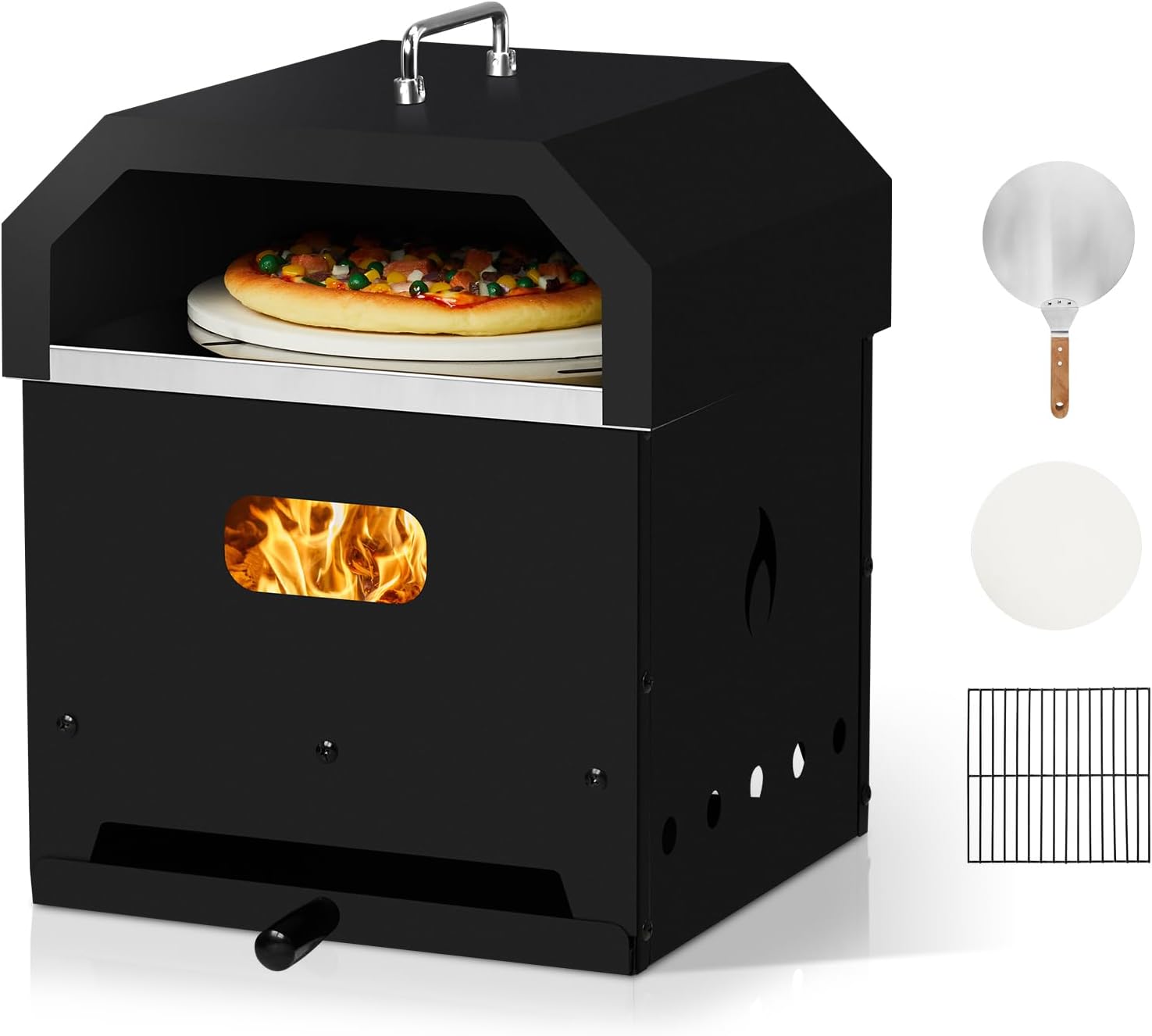 Outdoor Pizza Oven 4 in 1 Wood Fired 2-Layer Detachable Outside Ovens with Pizza Stone, Cooking Grill Grate