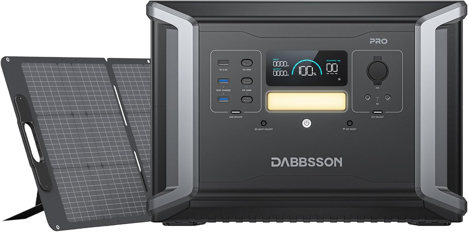 Dabbsson Solar Generator DBS2100 Pro with 1x210W Solar Panel,2150Wh 2400W Rated Power Station,Expandable to 4600W 12.9kWh,NEMA TT-30,100W USB-C,Support AC & Solar Charging Together,EPS 15ms,2024 New