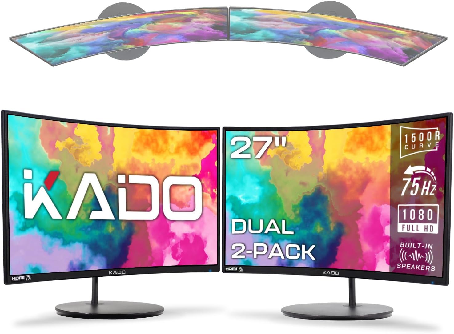 Kado Dual Monitor Setup - 2-Pack 27" Curved 1500R 1920x1080 Computer Monitor 75Hz VESA Mount HDMI Office Gaming Built-in Speakers (C27 Dual Series)