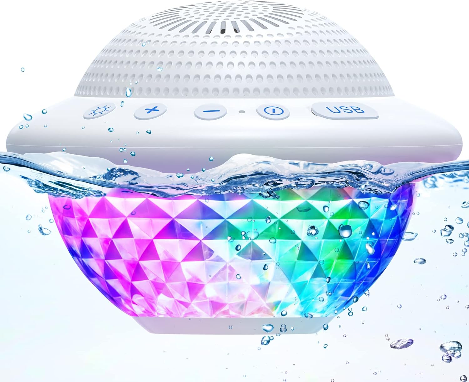 Floating Pool Speakers with Colorful LED Lights, IPX7 Waterproof Hot Tub Bluetooth Speaker, 10W Stereo Loud Sound, Built-in Mic, Portable Wireless Speakers for Shower Bathtub Beach Outdoor Swim-White