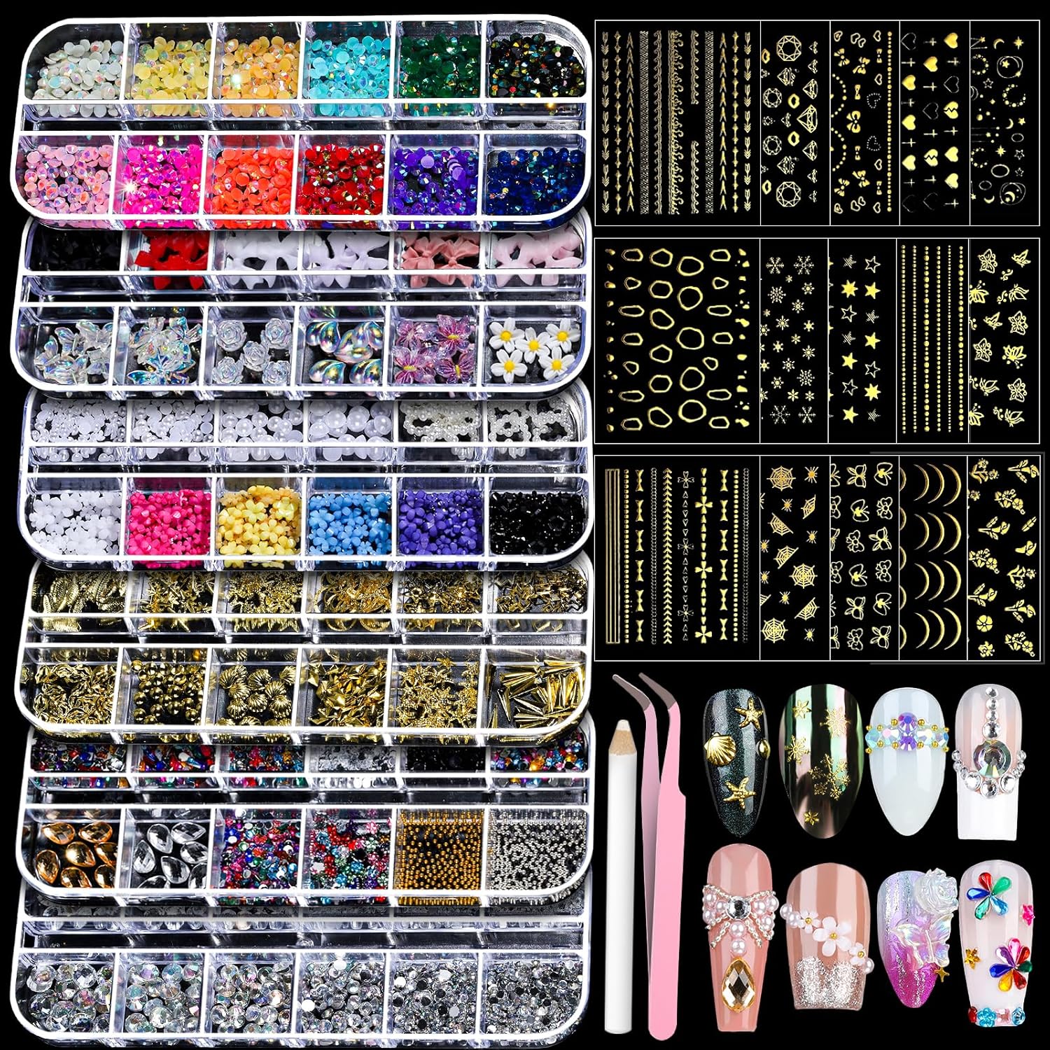 Teenitor Nail Rhinestones Nail Art Tools with 15 Sheets Gold Nail Art Stickers, 6 Boxes of Nail Charms Nail Gems Nail Pearls Nail Jewels