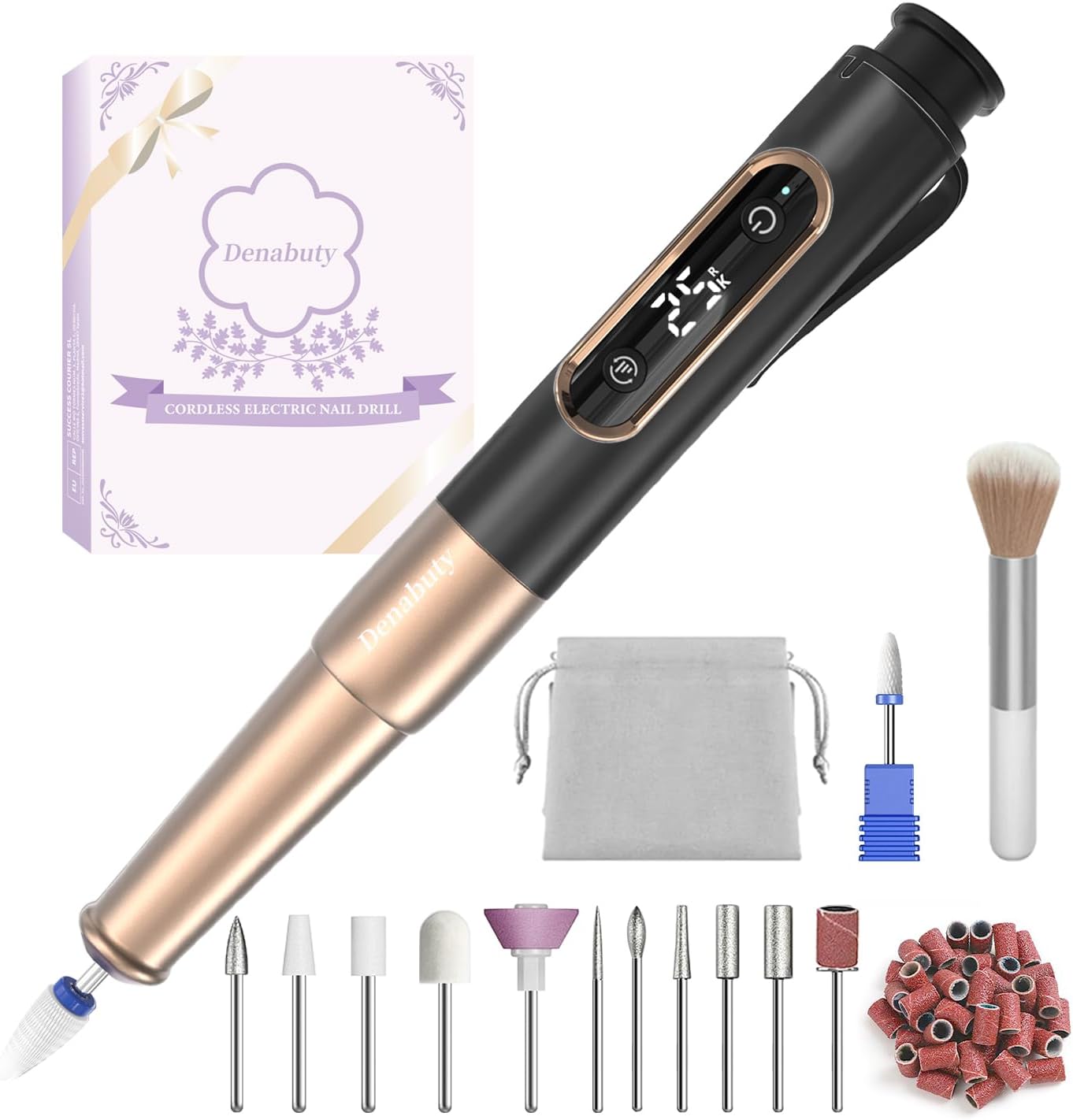 Denabuty Nail Drill Cordless, Electric Nail File 12 in 1 with LED Display, Nail Drill Machine Professional Portable Rechargeable E File for Gel Acrylic Manicure Pedicure Set with 5 Speeds Black