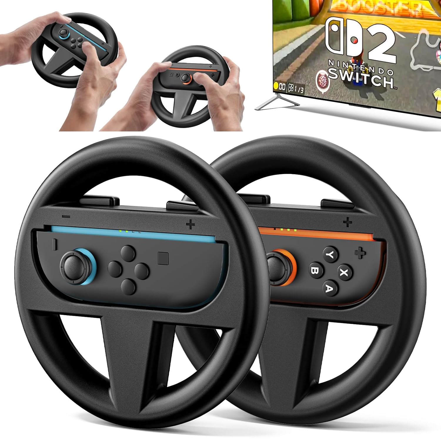 Steering Wheel for Nintendo Switch 2 Joy Con (2025), Switch 2 Racing Wheel for Mario Kart World & 8 Deluxe, NS2 Racing Games Accessories with Ergonomic Design and Easy to Install - 2 Packs Black