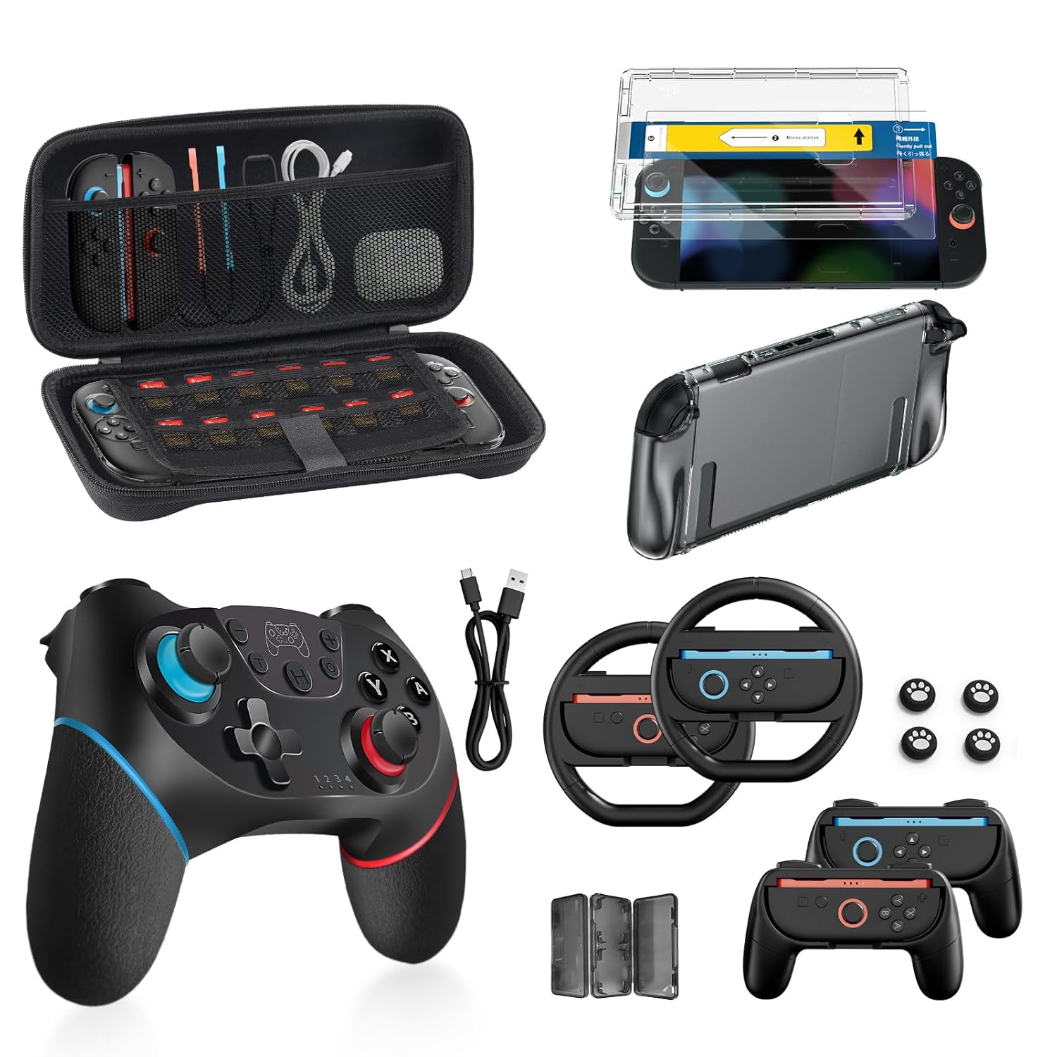Switch 2 Accessories Bundle for Nintendo, 16-in-1: Pro Controller, Dockable Carrying Case, Screen Protector, Thumb Grip for Joycon, Console Protective Cover Shell, Steering Wheel 2025 Switch2 Game Kit