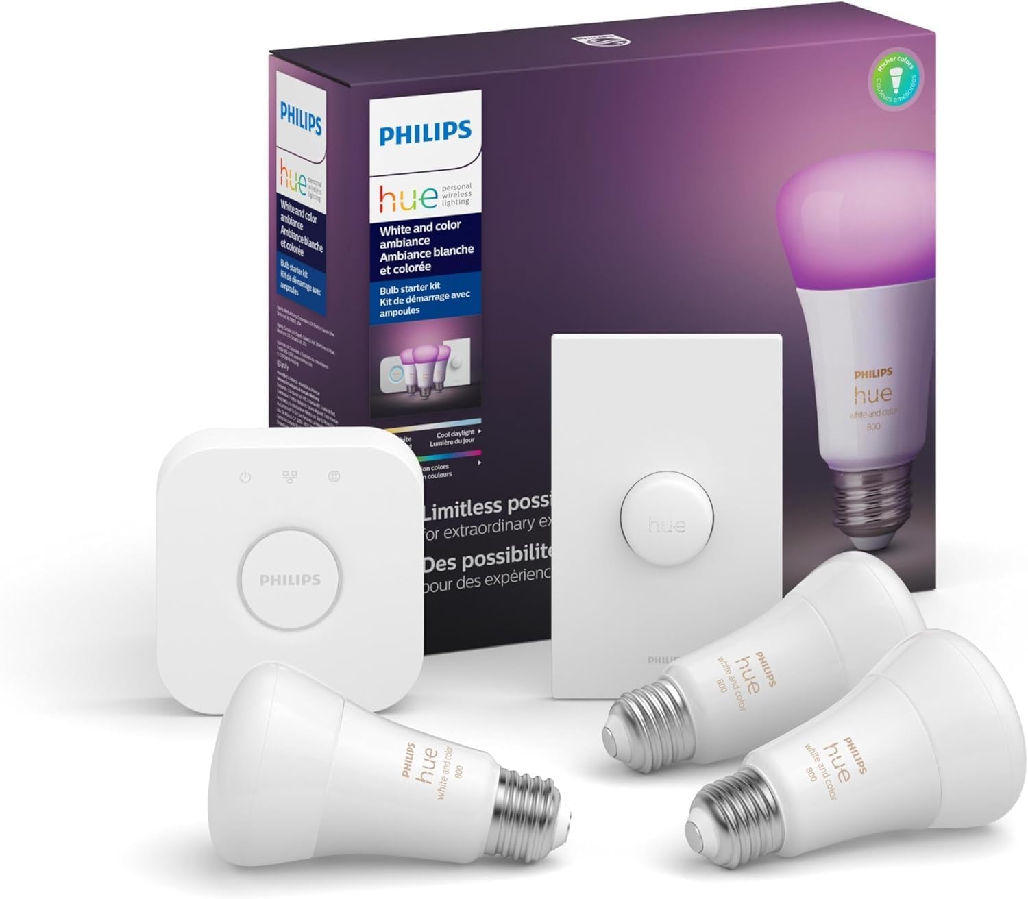 Philips Hue White and Color Ambiance Base Lumen (60W) Smart Button Starter Kit, 16 Millions Colors, Works with Amazon Alexa, Google Assistant, Apple HomeKit 60 Watt (OLD VERSION)