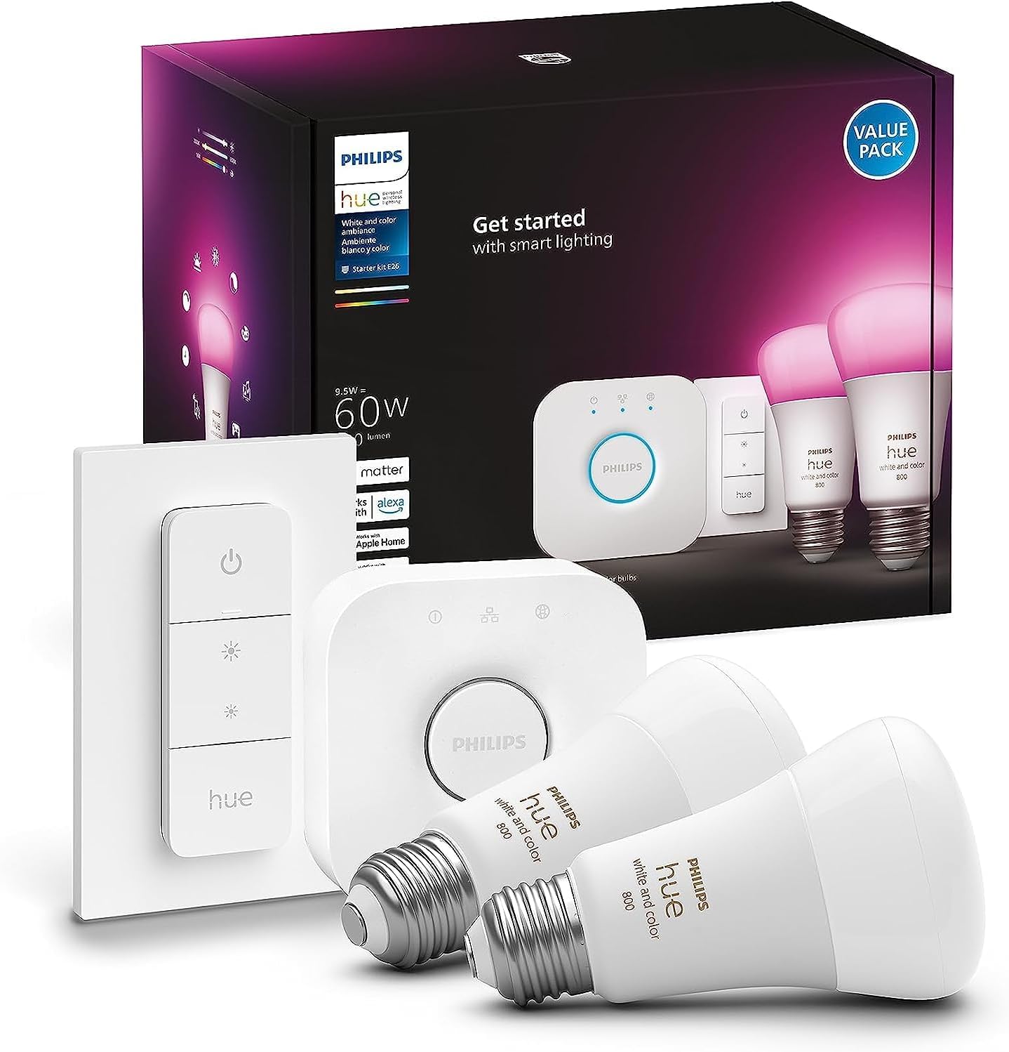 Philips Hue Smart Light Starter Kit - Includes (1) Bridge, (1) Dimmer Switch and (2) A19 LED Bulbs - White and Color Ambiance Color-Changing Light - 800LM - E26 - Control with App or Voice Assistant