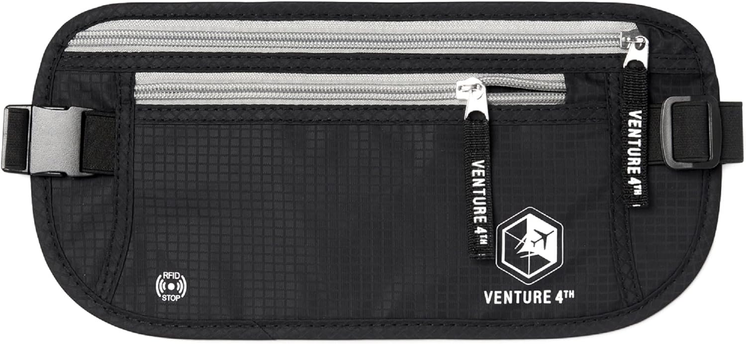 VENTURE 4TH Travel Money Belt - Slim Passport Holder RFID Blocking Travel Pouch to Protect Cash, Credit Cards and Travel Documents (Black)
