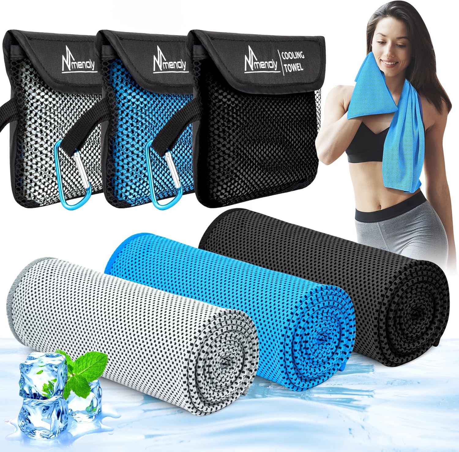 MENOLY 3 Pack Cooling Towels, 40"x12" Cooling Towels for Neck and Face with Carrying Breathable Bags, Soft Microfiber Instant Cooling Rags, Gym Sweat Towel for Sports, Yoga, Camping, Running