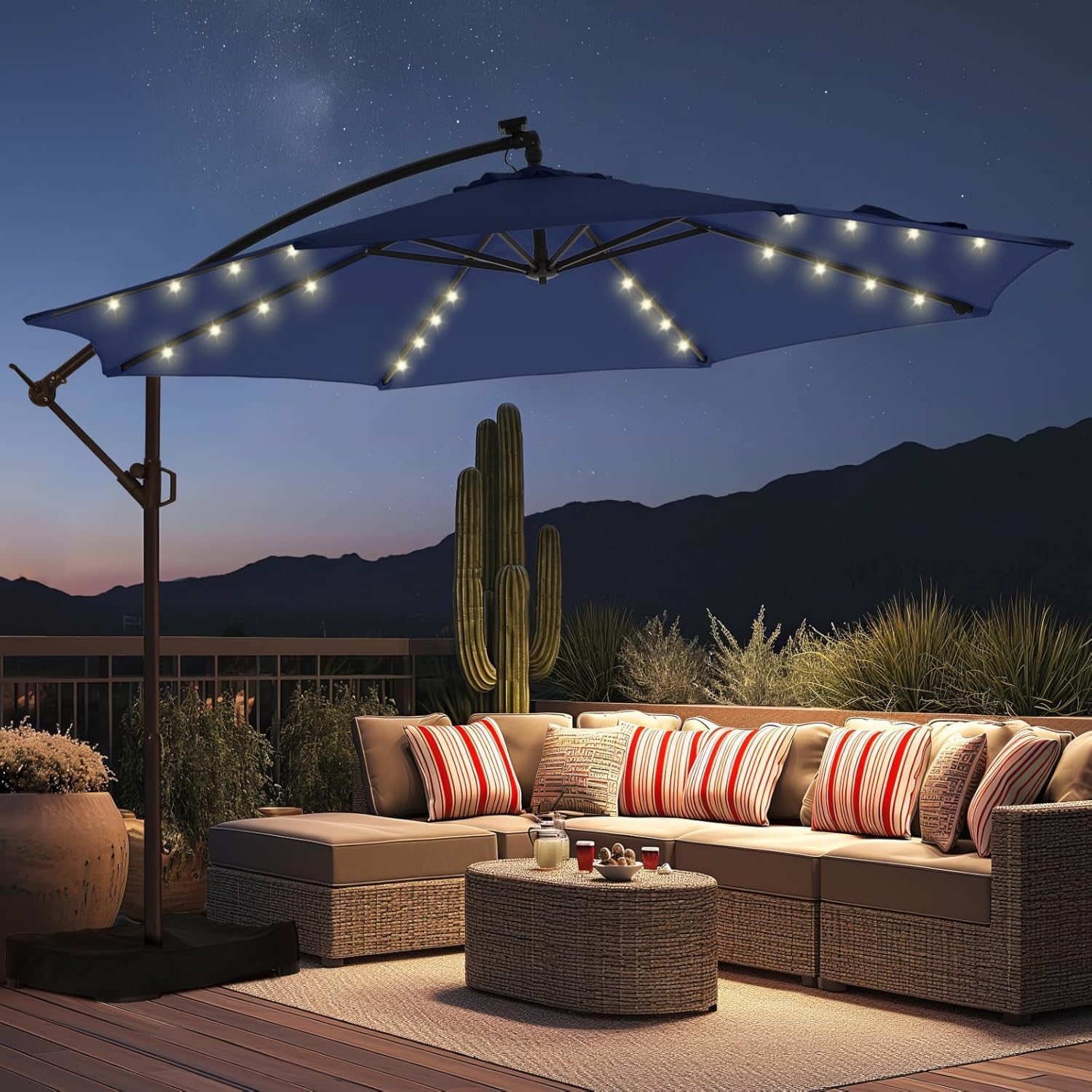 HOMSHADE 10ft Solar Lights Offset Cantilever Patio Umbrella - with Light and Base, LED Lighted Offset Hanging Patio Outdoor Market Umbrella UPF50+ UV Protection with Easy Tilt and Crank (Navy Blue)