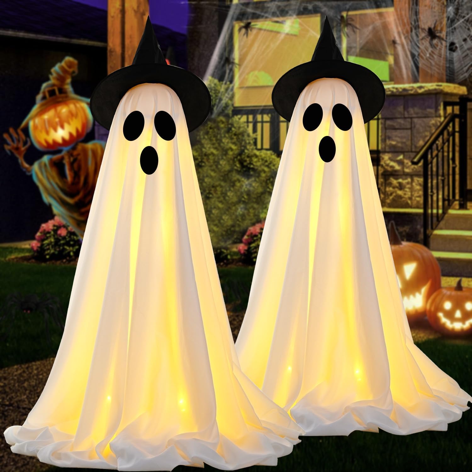 [Timer] 2Packs Halloween Decorations Outdoor, Cute Halloween Decorations Indoor, Spooky Ghost Halloween Decor with Witch Hat, Scary Ghosts Decor with LED Lights for Front Porche Yard Garden Home