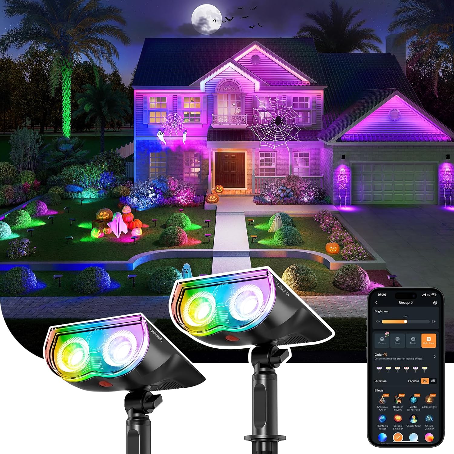 Linkind Smart Solar Spot Lights Outdoor SL5C, Solar Lights Outdoor Spotlight Color Changing APP/Voice Control Landscape Lighting, IP67 Christmas Halloween Decorations for Yard, Garden, Pathway(2 Pack)
