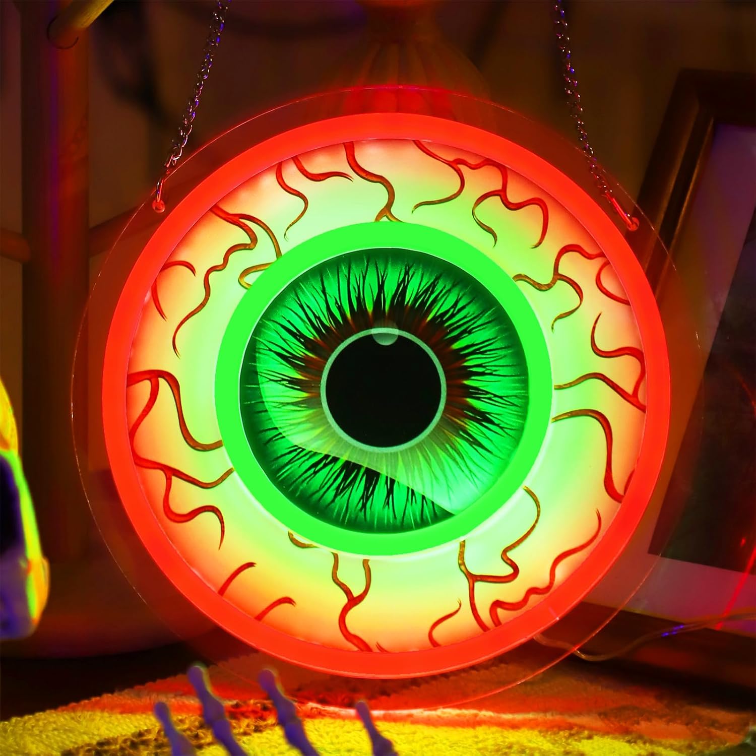 Halloween Window Decorations Indoor Lights, Eyeball Shaped Neon Signs, Red and Green Led Lights Battery Operated Or USB Powered,Cute Gothic Decor for Home, Room, Wall, Office, Mental(1Pack)