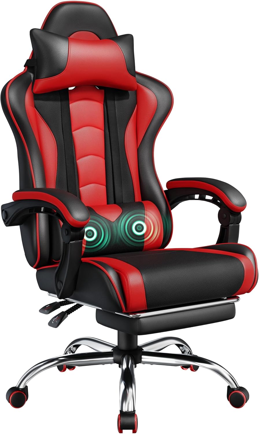 Yaheetech Gaming Chair, Video Game Chair with Massage Lumbar Support and Footrest Height Adjustable Ergonomic Computer Chair with Swivel Seat and Headrest, Black/Red