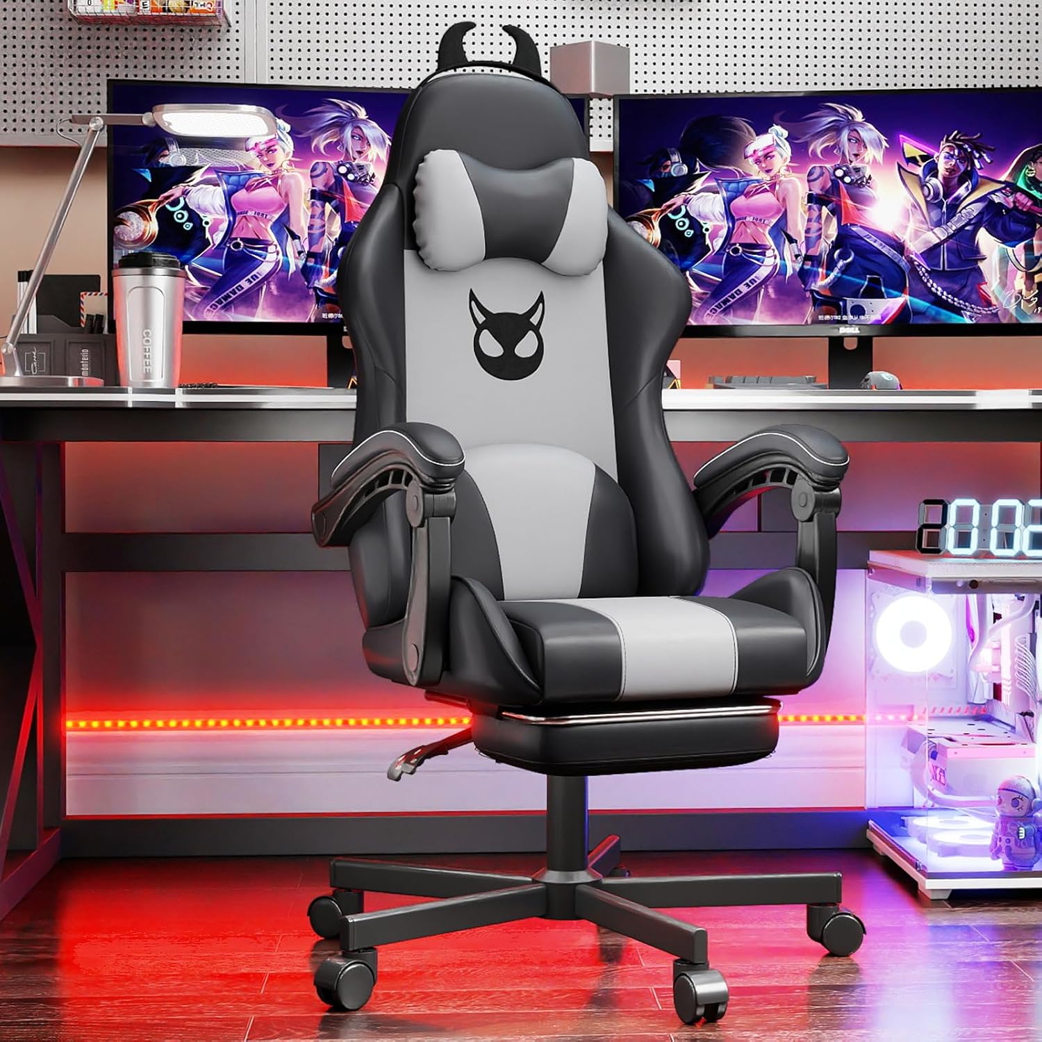 Gaming Chair with Little Devil Decor,Ergonomic Computer Chair with Footrest and Lumbar Support,Height Adjustable Game Chair with 360°-Swivel Seat and Headrest and for Office or Gaming